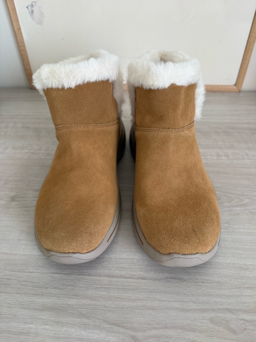 Skechers Tan Suede Ankle Booties with White Faux Fur Trim